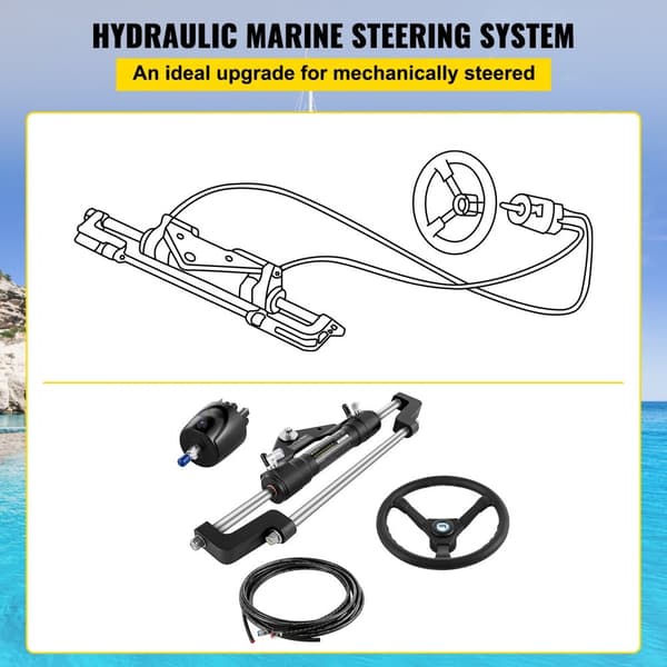Hydraulisk bådstyringssæt, 300 HK, inkl. pumpe, cylinder, ror og 18 fodslange. Korrosionsbestandigt marinesystem.
