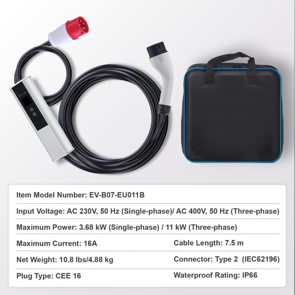 Bærbar EV-lader Type 2, 16A CEE, 7,5 m, til 230V/400V - Effektivt ladekabel til elbiler.