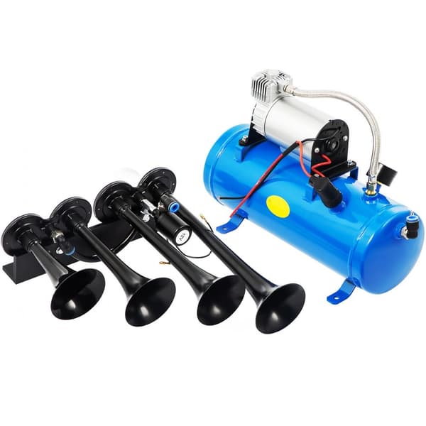 Toghornsæt med 4 trompeter, 12V, 150 dB, 1,6 gal tank og 150 PSI kompressor til lastbil, bil og motorcykel. Komplet sæt!