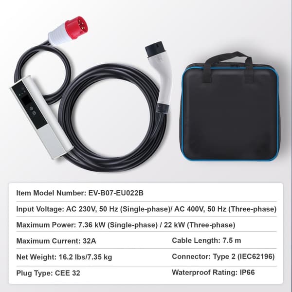 Kannettava Tyyppi 2 EV-laturi, 32A CEE, 7,5m, 230V/400V - tehokas latausratkaisu sähköautoille.