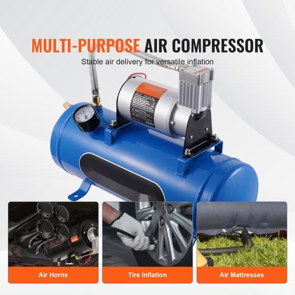 12V luftkompressor med 1,6 gallon tank, 120 psi tryk. Perfekt til toghorn, dækoplysninger og oppustning af luftmadrasser.