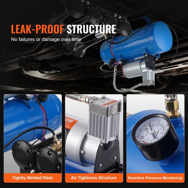12V luftkompressor med 1,6 gallon tank, 120 psi tryk. Perfekt til toghorn, dækoplysninger og oppustning af luftmadrasser.