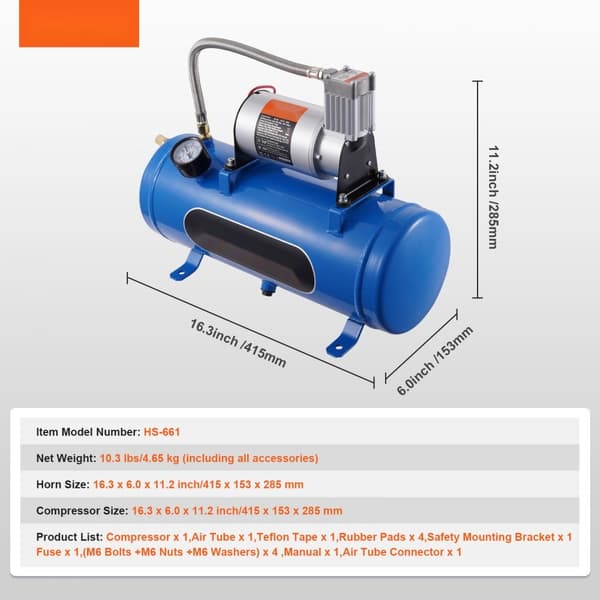 12V luftkompressor med 1,6 gallon tank, 120 psi tryk. Perfekt til toghorn, dækoplysninger og oppustning af luftmadrasser.