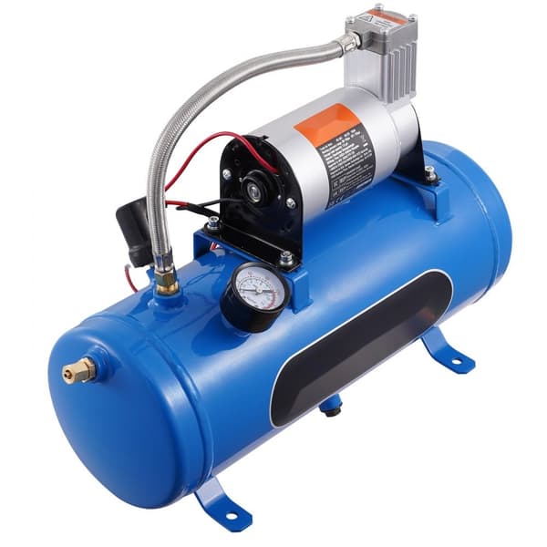 12V luftkompressor med 1,6 gallon tank, 120 psi tryk. Perfekt til toghorn, dækoplysninger og oppustning af luftmadrasser.