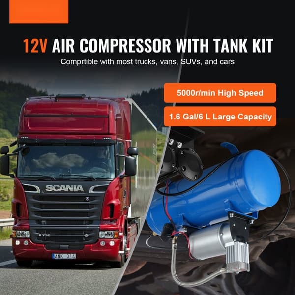 12V luftkompressor med 1,6 gallon tank, 120 psi tryk. Perfekt til toghorn, dækoplysninger og oppustning af luftmadrasser.