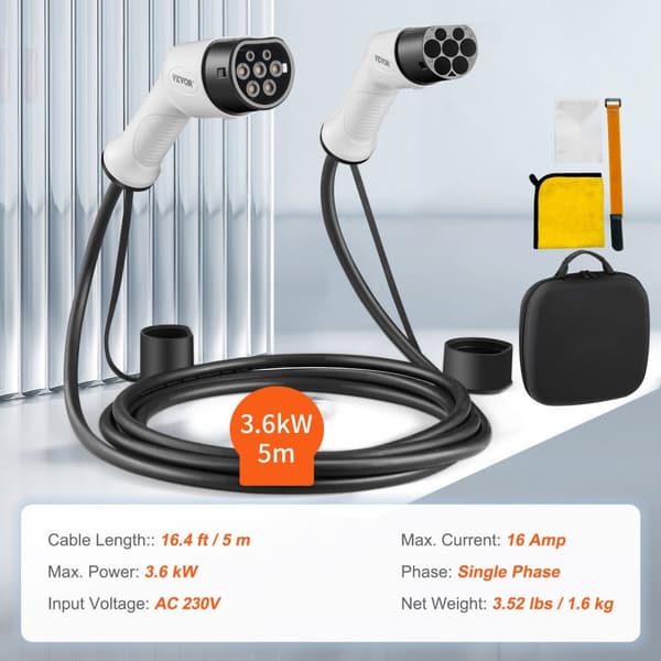 Type 2 til Type 2 EV ladekabel, elbilkabel 16A, 5m, 3,6kW, TPU-materiale - holdbar og effektiv opladning.