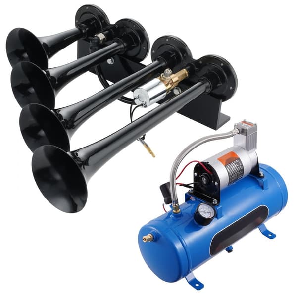 Toghornsæt med 4 trompeter, 150dB horn til pickuptrucks, 12V luftkompressor (1,6 Gal) til 12V køretøjer. Optimal til lastbiler og varevogne.