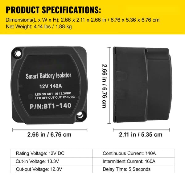 Split Charge Relay Kit, 5m 12V, Automatisk Dual Battery Isolator med 140AMP VSR, kompatibel med RV, Marine, Bil, Lastbil og Camper.