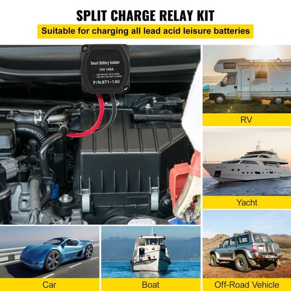 Split Charge Relay Kit, 4m 12V, Automatisk Dual Battery Isolator Kit med 140AMP VSR, kompatibel med RV, båt, husvagn.