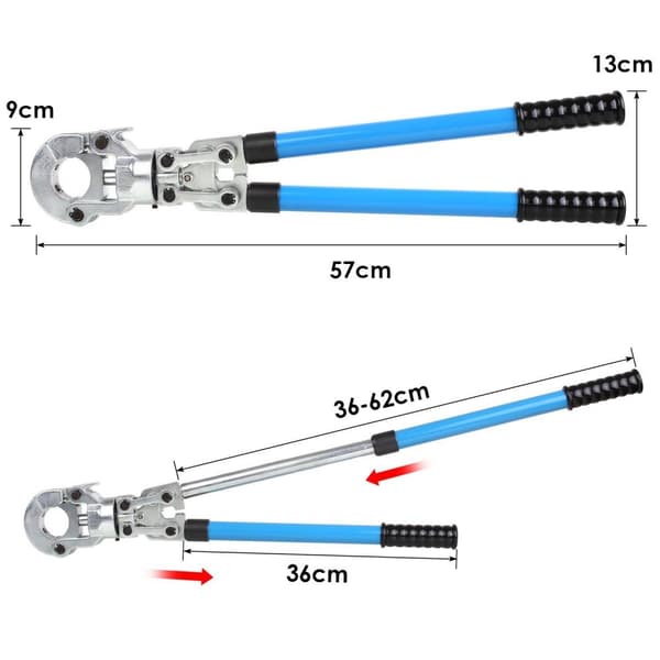 Presszanger V12, V15, V22, V28, TH16, TH20, TH26, TH32 mm. Ergonomisk håndtag og 360° drejbar hoved. Manuel kabelskuholdere.