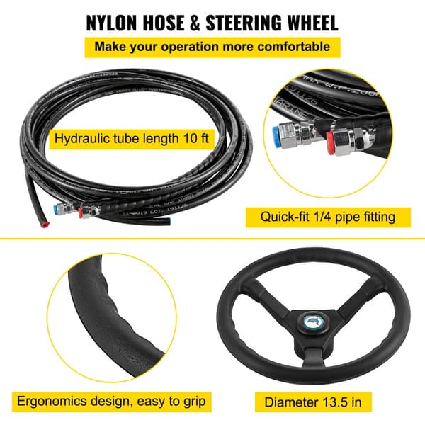 Hydraulinen veneen ohjausjärjestelmä, 300-PS-pumppu, alumiininen ohjaussylinteri, 13,5 tuuman ohjauspyörä.
