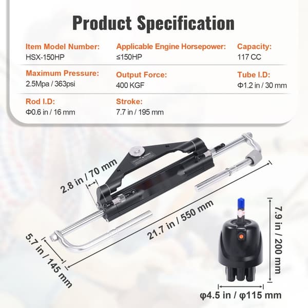 Hydraulisk bageste styresystem kit, 150HK, til både. Inkl. rorpumpe, låsecylinder og 24 fod hydraulikslange til enmotors både.