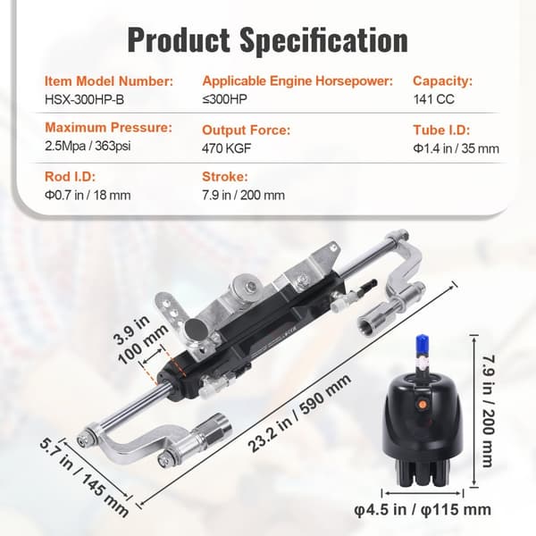 Hydrauliskt utombordarsystem, 300HK, marin båt hydraulisk styrning, med rorpump och 26 fot slang för enmotoriga båtar.