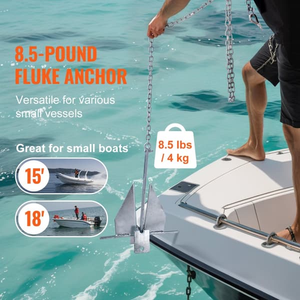 Fluke stil ankersæt, 8,5 LBS varmgalvaniseret stål. Inkluderer 7,9' kæde, 75' reb og to 0,4" sjækler. Ideelt marineanker