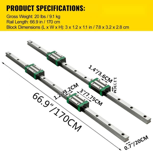Lineaarisuunnat, 1700 mm, CNC-lineaarivarsi, 4 HSR 20 UU -laakeriblokkia, HSR 20-sarjan ohjausprofiili.