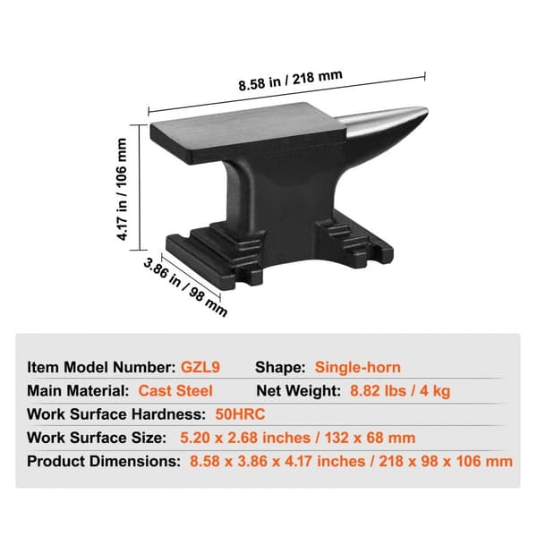 Enkelt Horn Ambolt, 8,8 Lbs Støbt Stål, Høj Hårdhed og Robust. Kompakt Design med Stabil Base. Ideelt Smedeværktøj til Bukning og Formning.