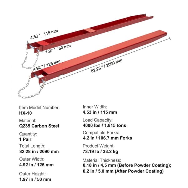 Pallegaffelforlænger, 82” Længde, 4,5” Bredde, Heavy Duty Carbon Steel. Robust gaffeltrucktilbehør (1 par) i rød.