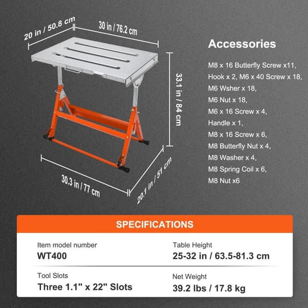 Svejsebord 30" x 20", 400 lbs kapacitet. Mobil, sammenfoldelig arbejdsbænk med 3 slids, vippevinkler og justerbar højde.