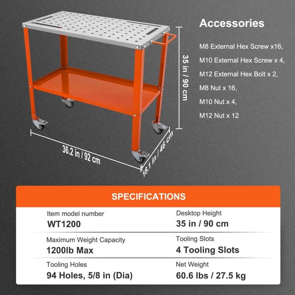 Svejsebord 36" x 18", 1200 lbs kapacitet. Mobil stålsvejsebord med 2 lag, bremsehjul og 4 værktøjsåbninger. Praktisk arbejdsbænk!