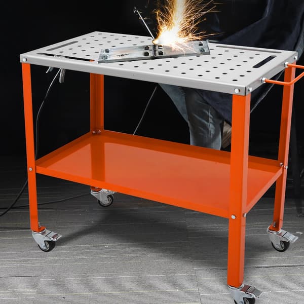Svejsebord 36" x 18", 1200 lbs kapacitet. Mobil stålsvejsebord med 2 lag, bremsehjul og 4 værktøjsåbninger. Praktisk arbejdsbænk!