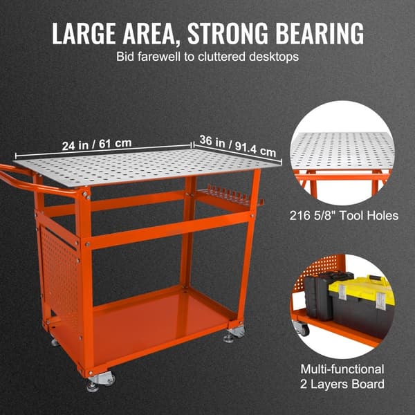 Svejsebord 36'' x 24'', 600 lbs kapacitet. Bærbar stål arbejdsbænk med hjul, opbevaring, 5/8'' huller og 11 kroge.