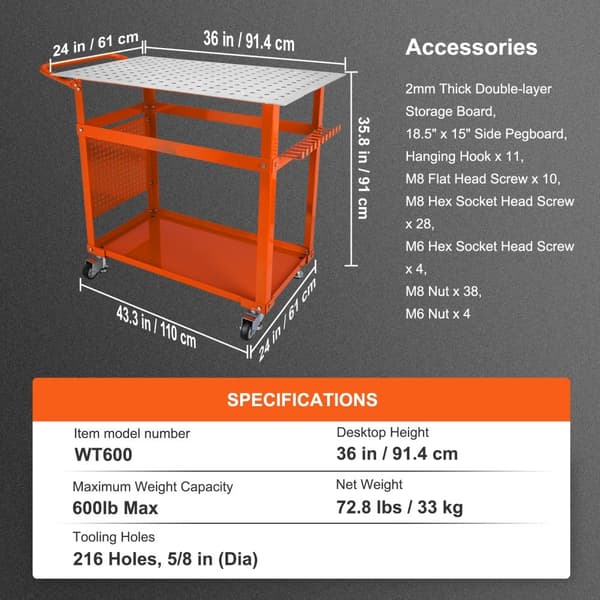 Svejsebord 36'' x 24'', 600 lbs kapacitet. Bærbar stål arbejdsbænk med hjul, opbevaring, 5/8'' huller og 11 kroge.