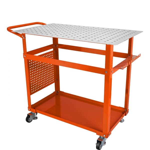 Svejsebord 36'' x 24'', 600 lbs kapacitet. Bærbar stål arbejdsbænk med hjul, opbevaring, 5/8'' huller og 11 kroge.