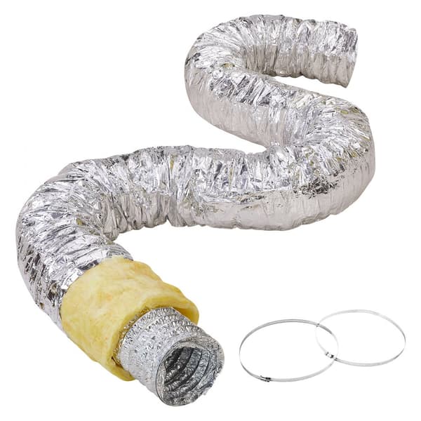 Isoleret fleksibel tørreventilationsslange, 127 mm, 7,62 m lang, med 2 kanalklemmer. Trelagsbeskyttelse til HVAC og udstødning, R-4.2 flammemodstand.