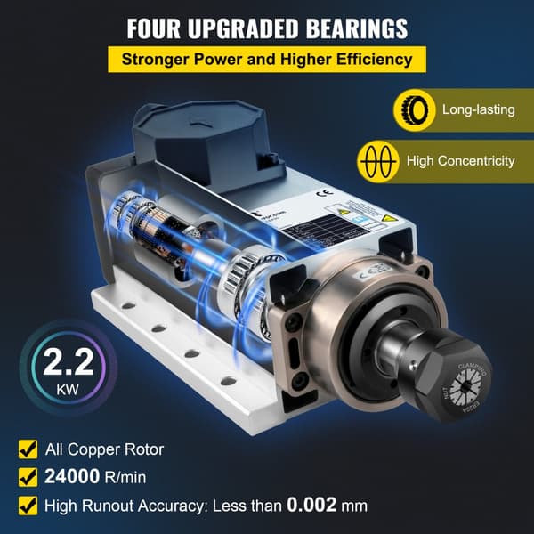Luftkølet 2,2KW CNC spindelmotor 220V med ER20 spændetang. 24000 RPM og 400 Hz til CNC router og gravering. Effektiv og pålidelig!