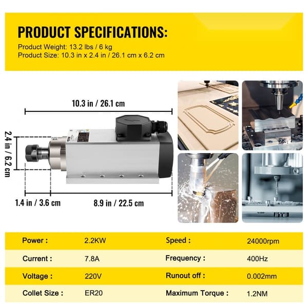 Luftkølet 2,2KW CNC spindelmotor 220V med ER20 spændetang. 24000 RPM og 400 Hz til CNC router og gravering. Effektiv og pålidelig!