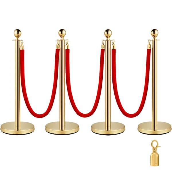 Set med 2 guld barriärstolpar i rostfritt stål med röd sammetrep (1,5 m) - 4-pack säkerhetsstolpar.