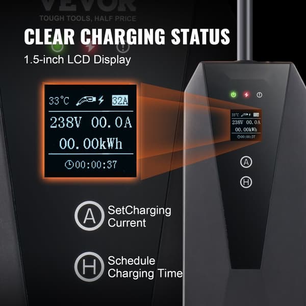 Kannettava EV-laturi Tyyppi 2, 16A, 3,7 kW, LCD-näyttö, CEE 7/7 Plug, IP66 - täydellinen kotikäyttöön!