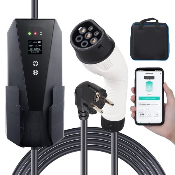 Kannettava EV-laturi Tyyppi 2, 16A, 3,7 kW, LCD-näyttö, CEE 7/7 Plug, IP66 - täydellinen kotikäyttöön!
