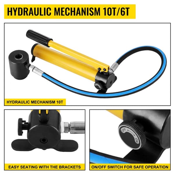 10T Hydraulinen levyleikkuri, rei'ityssetti sylinterillä ja hydraulipumpulla kantossa.