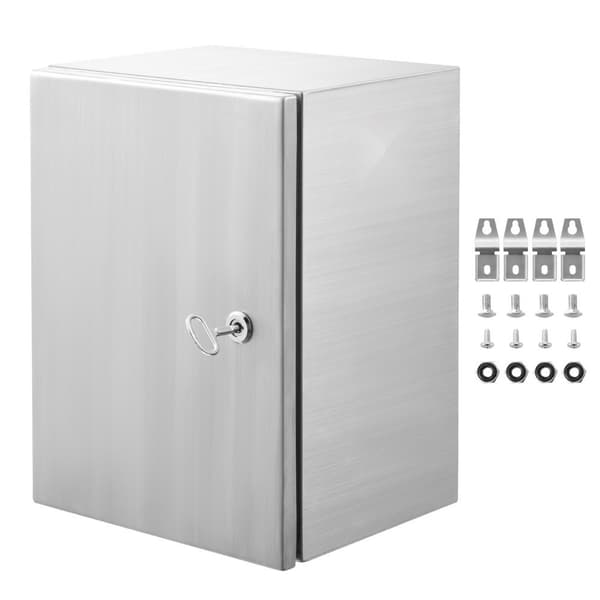 Elektrisk låda i rostfritt stål, 16" x 12" x 10", IP66 vattentät, väggmonterad med lås och gångjärn för elektronik.
