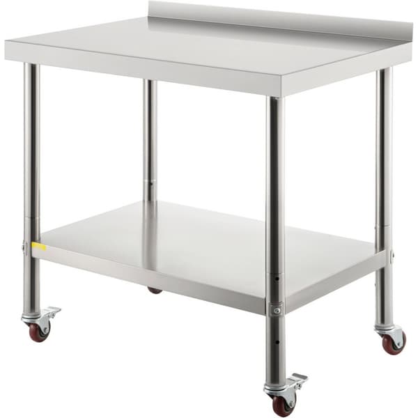 Rustfrit ståls arbejdsbord, 30 x 24 x 35 tommer, 440 lbs kapacitet. Solidt metalbord med rygplade, justerbar hylde og 4 hjul, ideelt til køkken