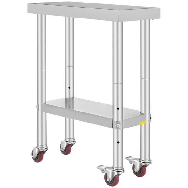Rostfritt stål cateringarbetsbord 12x24 tum med 4 hjul, flexibel höjdjustering och hylla för matförberedelse.