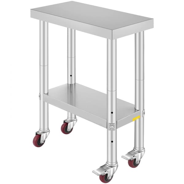 Rostfritt stål cateringarbetsbord 12x24 tum med 4 hjul, flexibel höjdjustering och hylla för matförberedelse.