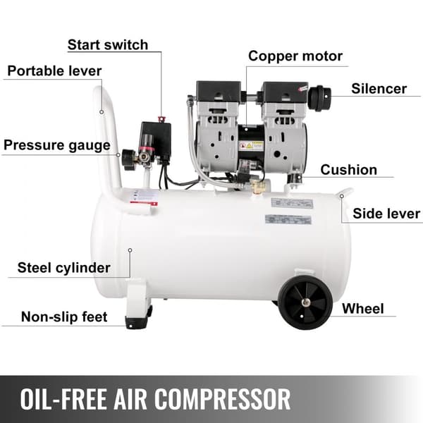 Luftkompressor 11 gallon, ultratyst 1 hk, oljefri ståltank 750W, bärbar 8 bar, tyst kompressor för hemreparation och däckpumpning.