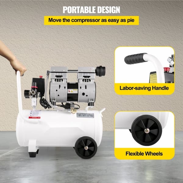 Hiljainen 25L öljytön kompressori, 750W, 60 dB, 220V, 165 L/min ilmavirta, sisäänrakennettu tuuletin.