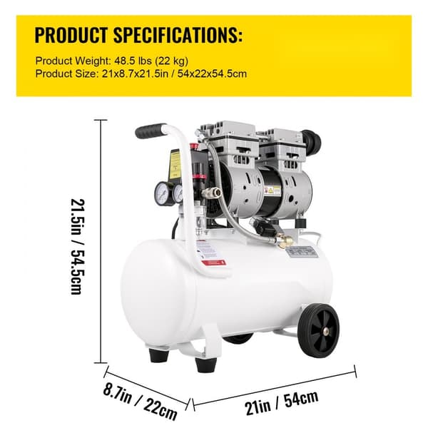 Hiljainen 25L öljytön kompressori, 750W, 60 dB, 220V, 165 L/min ilmavirta, sisäänrakennettu tuuletin.