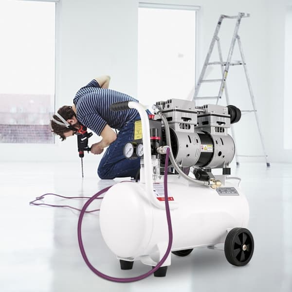 Hiljainen 25L öljytön kompressori, 750W, 60 dB, 220V, 165 L/min ilmavirta, sisäänrakennettu tuuletin.
