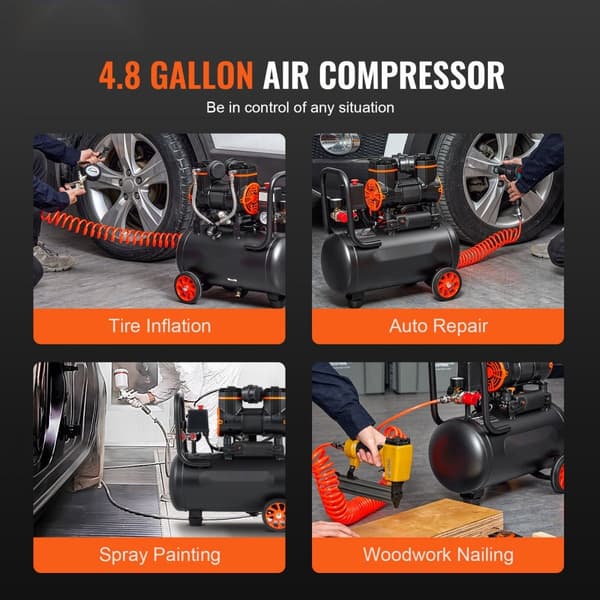 Ilmakompressori 4,8 Gallonaa, 900 W, 2,2 Cfm @ 90 Psi, erittäin hiljainen öljytön, vain 70 Db.