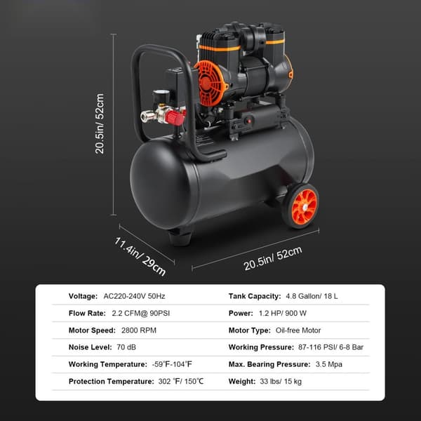 Ilmakompressori 4,8 Gallonaa, 900 W, 2,2 Cfm @ 90 Psi, erittäin hiljainen öljytön, vain 70 Db.