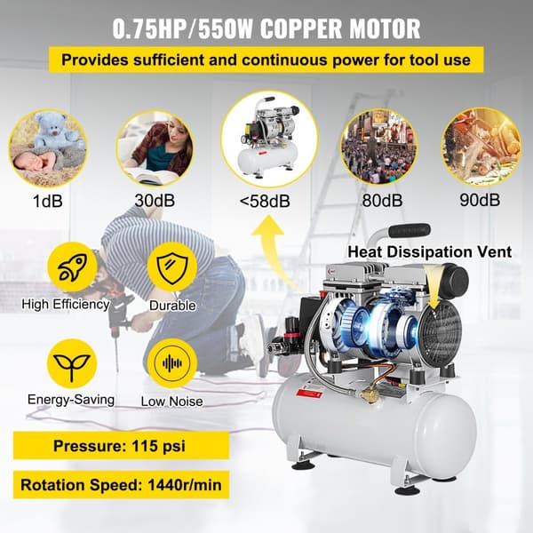 9L Leiser Kompressori 550W, öljytön, hiljainen, kupariputkella, tehokas paineilmakompressori.