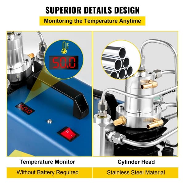 Sähkökäyttöinen korkeapaineilmakompressori 1800 W, 4500 PSI, 3-6,8 L säiliökapasiteetti, 2800 RPM.