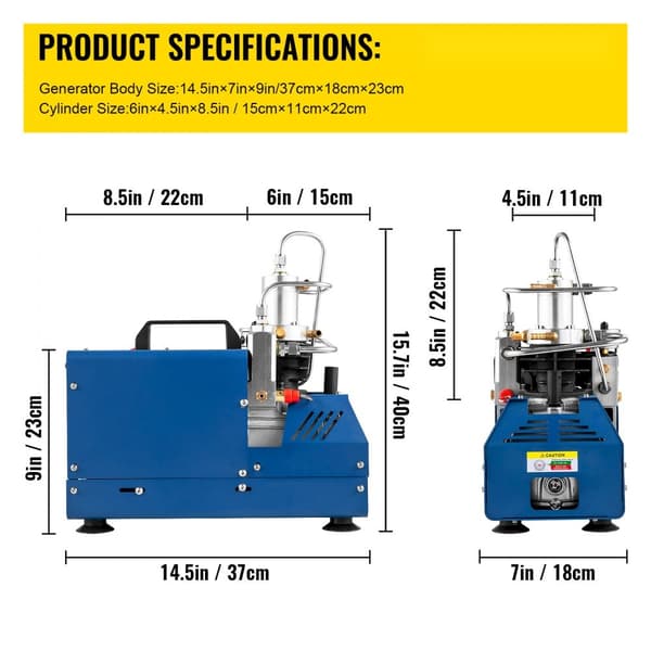 Sähkökäyttöinen korkeapaineilmakompressori 1800 W, 4500 PSI, 3-6,8 L säiliökapasiteetti, 2800 RPM.