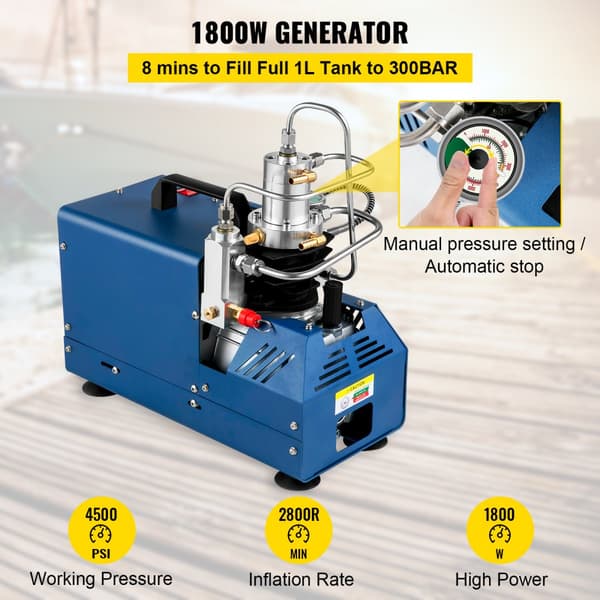 Sähkökäyttöinen korkeapaineilmakompressori 1800 W, 4500 PSI, 3-6,8 L säiliökapasiteetti, 2800 RPM.