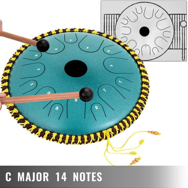 Tungtrumma 14 toner, 14 tum, ren kopparstål, handpan med dekoration, klubbor, väska och musikbok, mineralgrön.