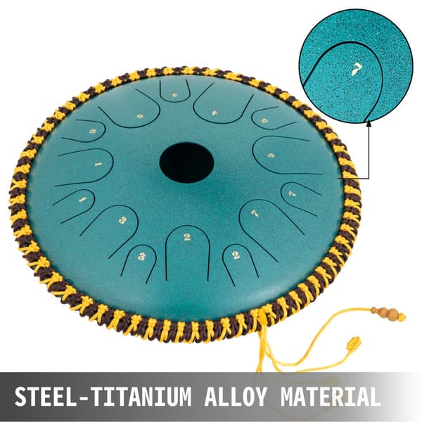 Tungtrumma 14 toner, 14 tum, ren kopparstål, handpan med dekoration, klubbor, väska och musikbok, mineralgrön.
